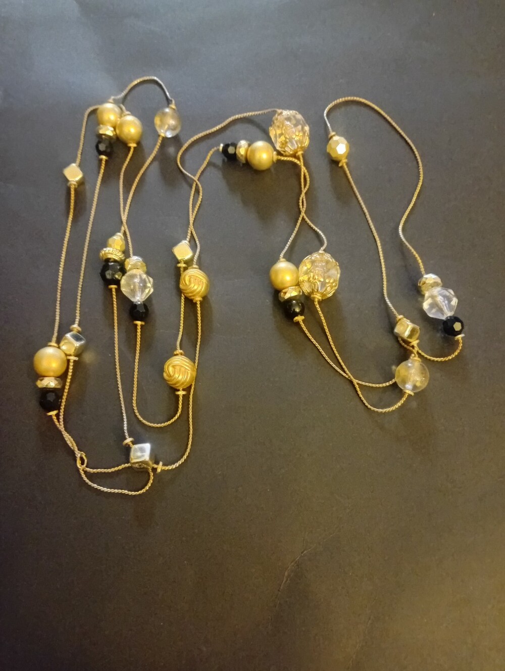 Extra Long Gold, Black & Clear Glass Beaded  Necklace